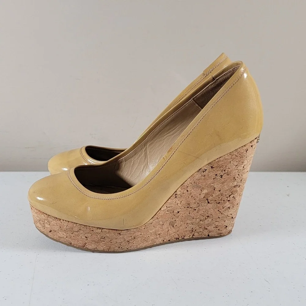 Jimmy Choo Papina Womens 9.5 Patent Leather Cork Wedge Platform High Heels Shoes - Picture 2 of 11